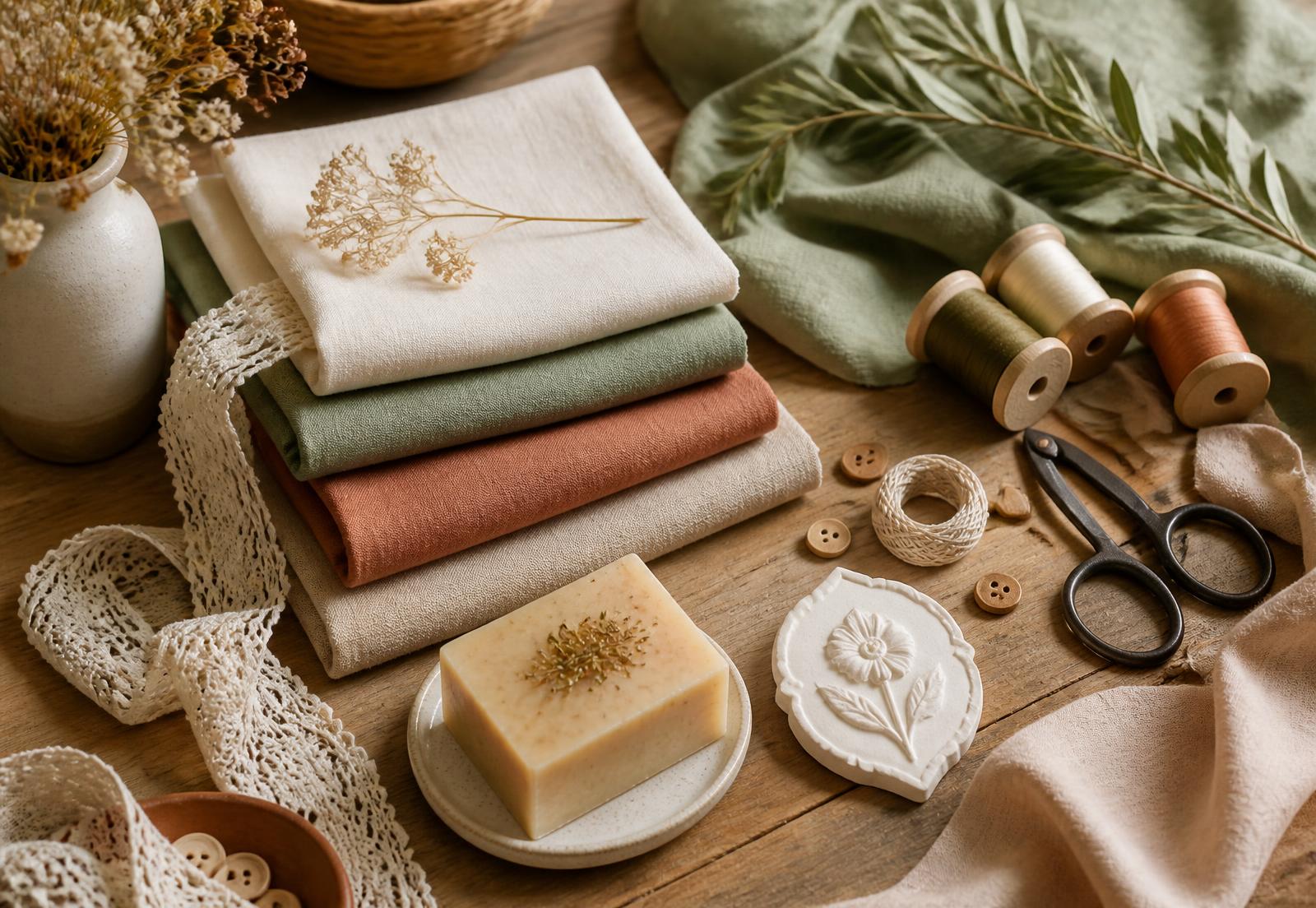 Tecidos e materiais criativos numa mesa de atelier